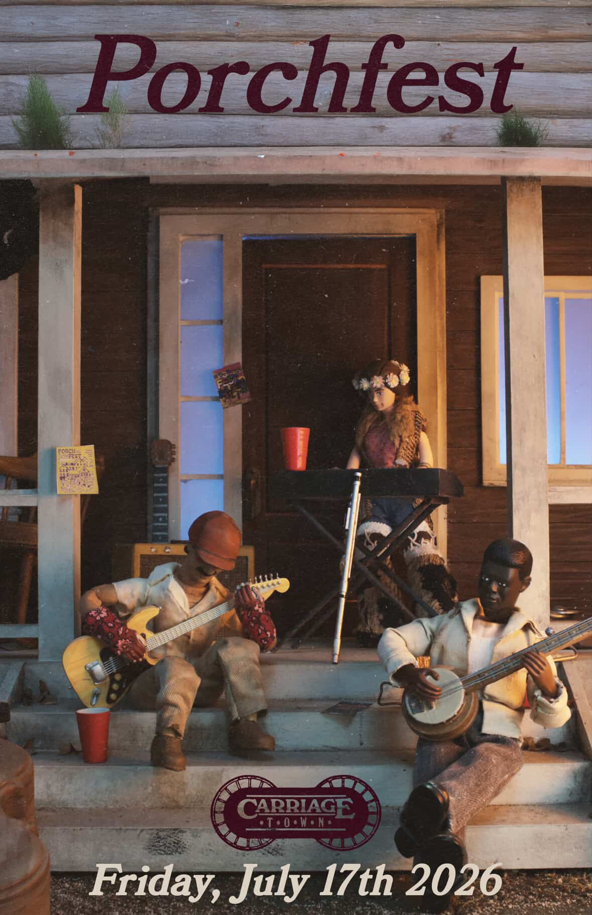 Porchfest 2026 poster: handcrafted stop-motion scene of musicians playing guitar and banjo on a front porch in Carriage Town